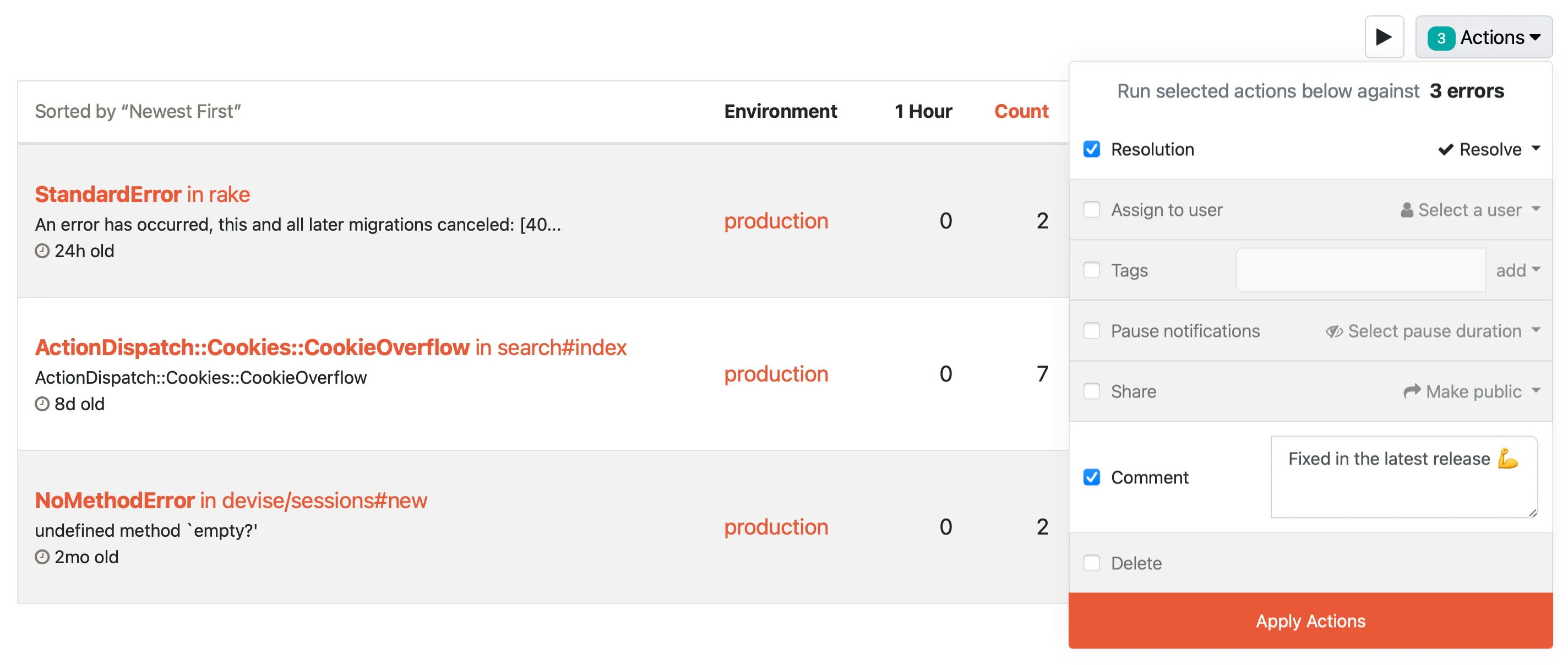 Honeybadger bulk actions menu for search results