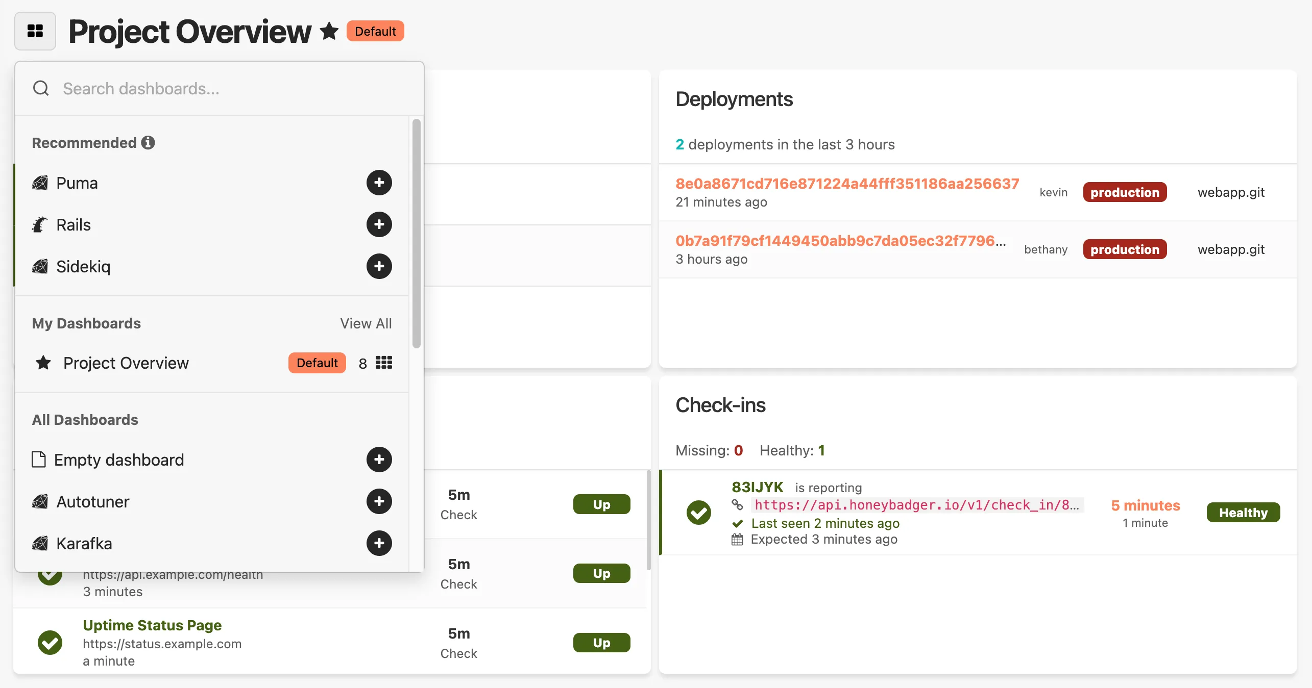 Dashboard selection interface showing a grid of automatically generated dashboards for different frameworks and services, with options to favorite, organize, and quickly switch between monitoring views