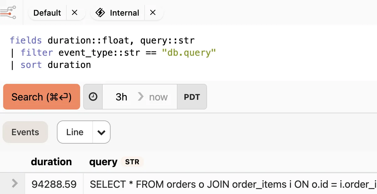 A Crystal logging query interface from an application monitoring tool showing filtered results for "db.query" events sorted by duration, with a 3-hour time range and a table displaying query execution times and SQL statements.