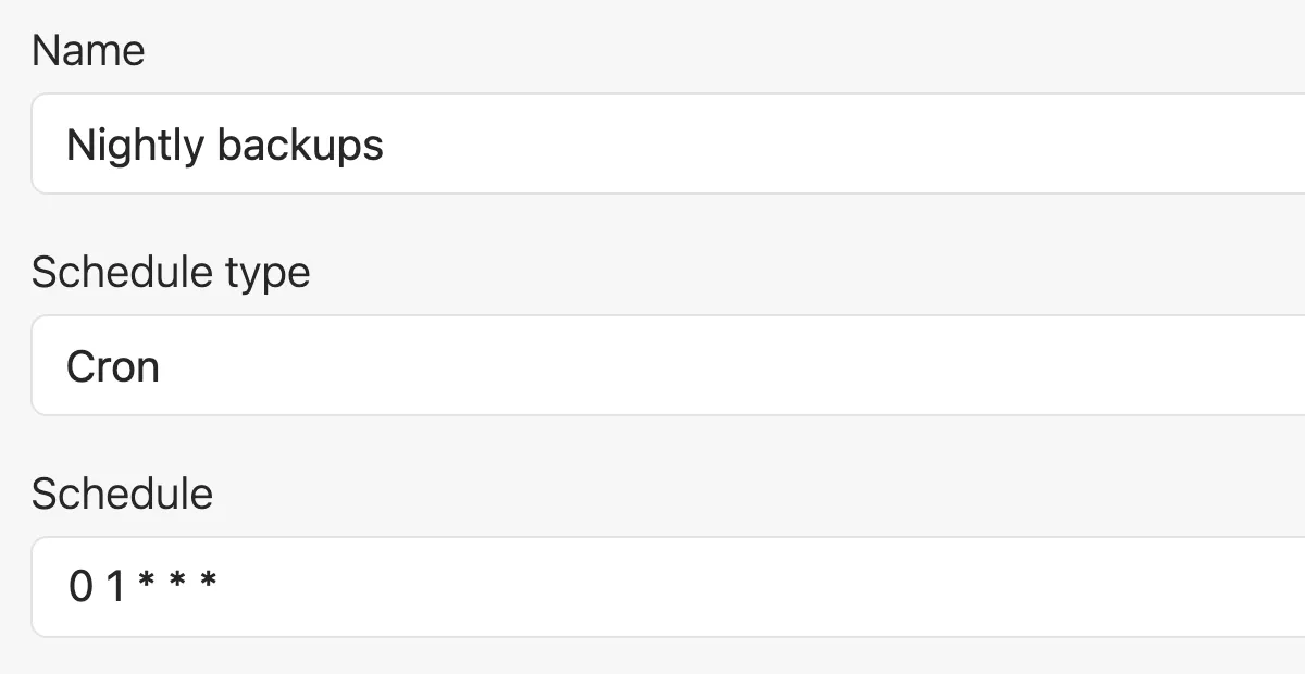 A screenshot of a form that lets you create a check-in in Honeybadger's Crystal cron monitoring UI. Three fields are visible: Name (Nightly backups), Schedule type (Cron), and Schedule (a daily cron schedule).