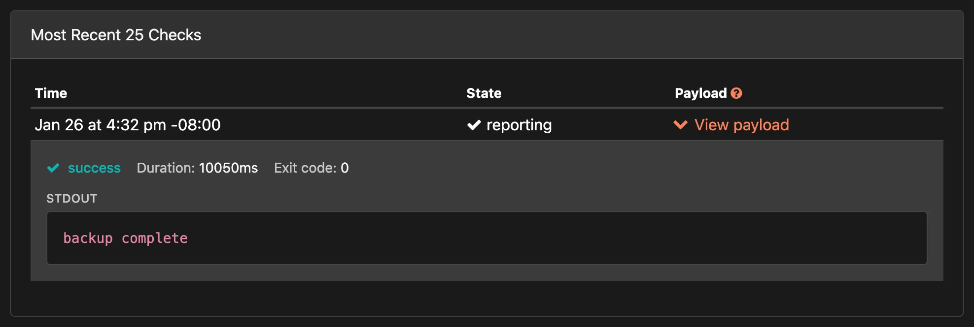 Check-in detail view showing exit code, duration, and captured output