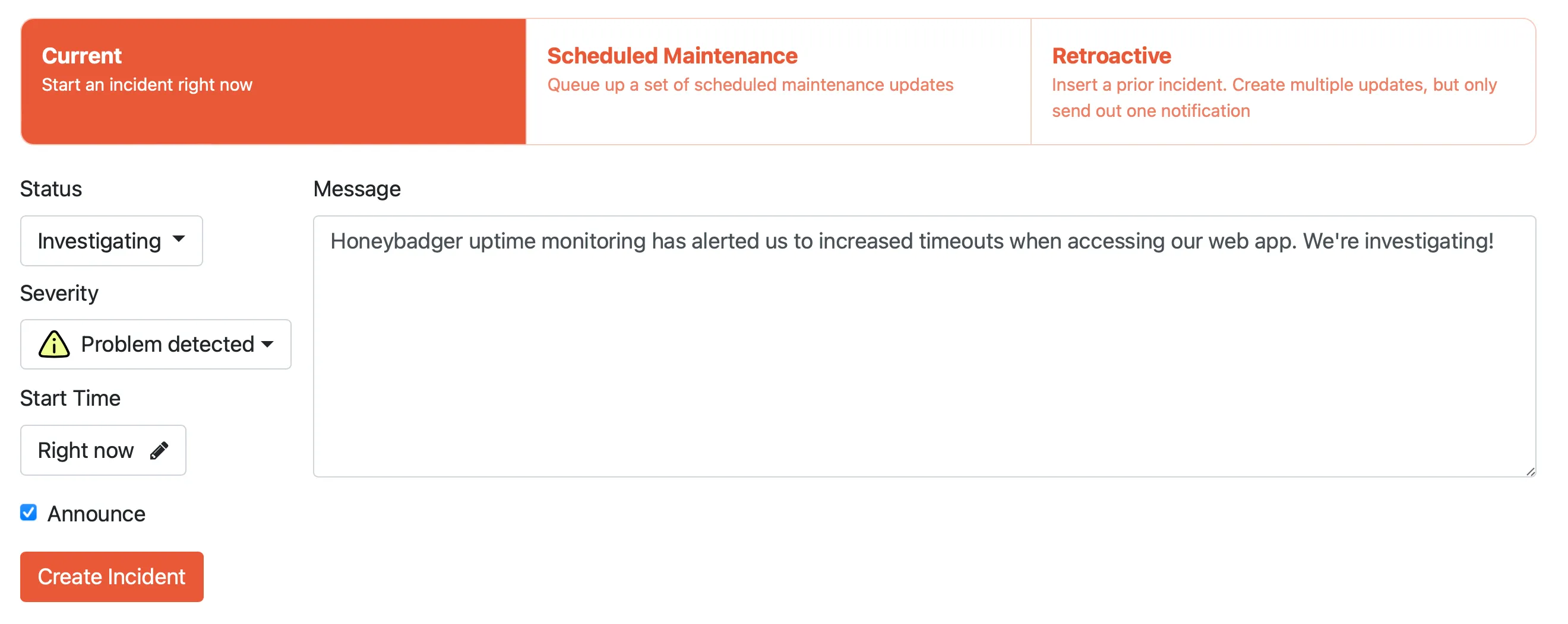 Status page showing incident updates