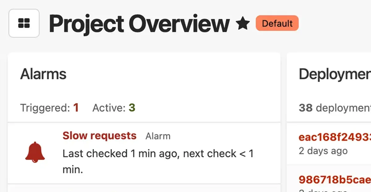 A Crystal application performance monitoring dashboard for a web application labeled "Project Overview". The Crystal monitoring dashboard shows a "Slow requests" alarm checked 1 minute ago, and a deployments section with 38 deployments listed.
