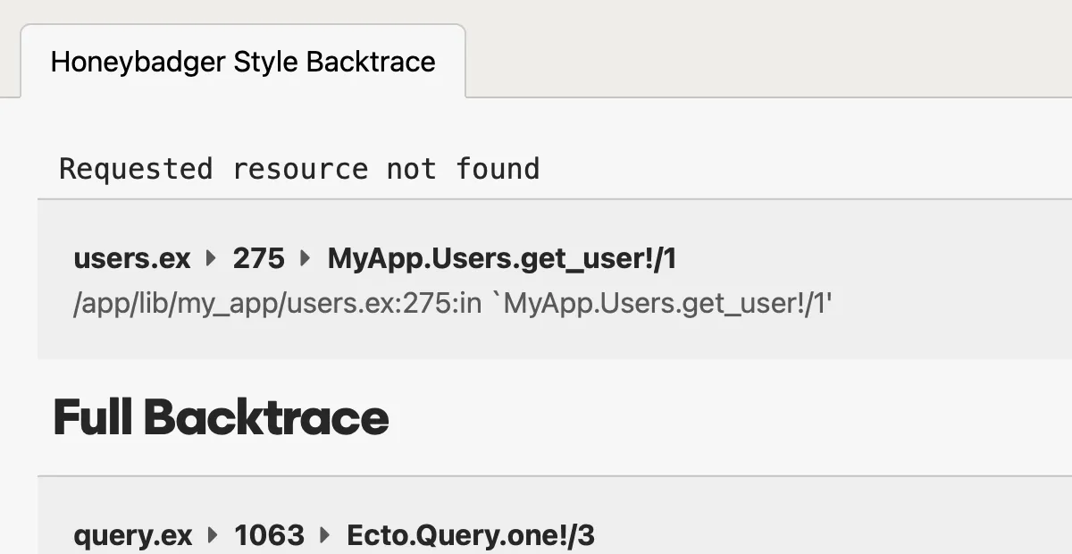 A screenshot of a Elixir error tracking stack trace in Honeybadger's Elixir error tracking interface.