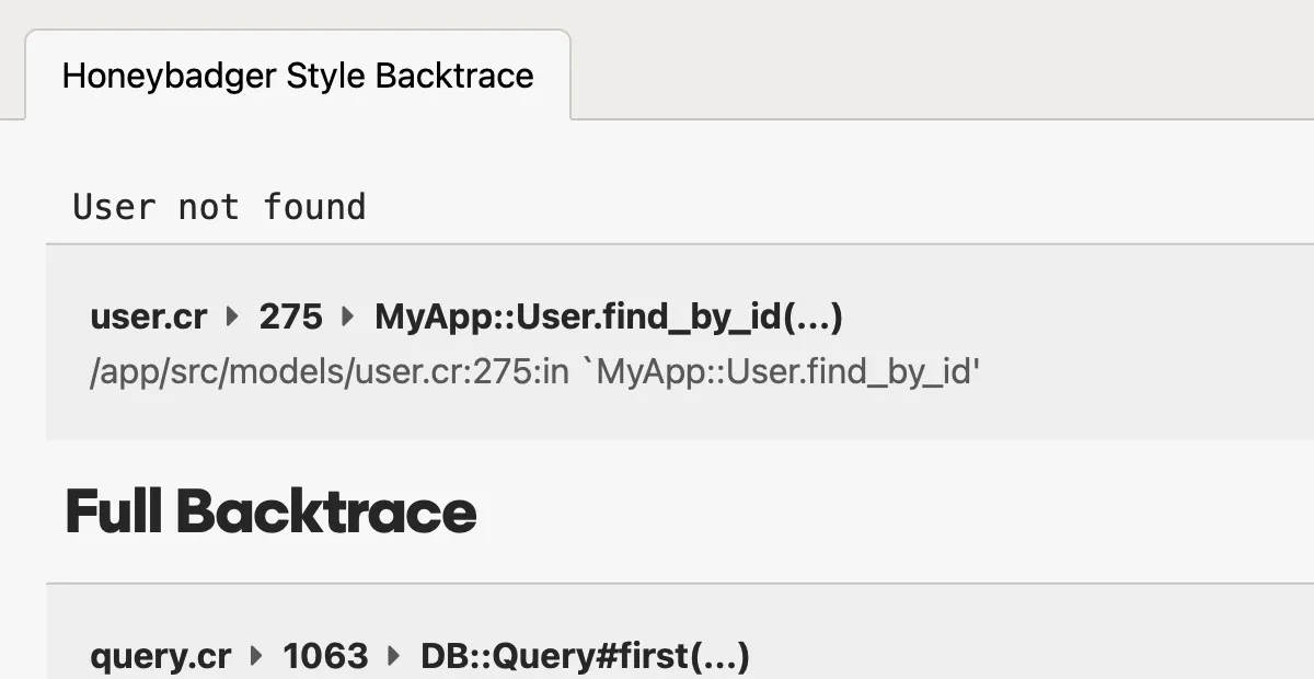 A screenshot of a Crystal error tracking stack trace in Honeybadger's Crystal error tracking interface.