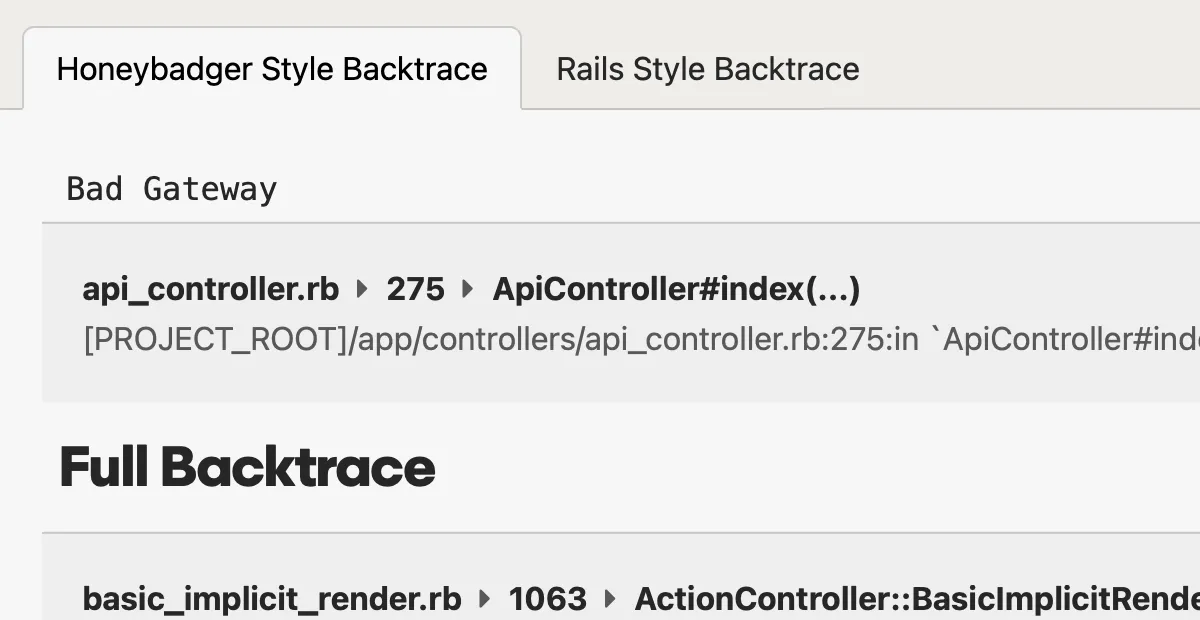 A screenshot of a Ruby error tracking stack trace in Honeybadger's Ruby error tracking interface.