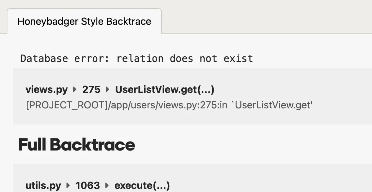 A screenshot of a Python error tracking stack trace in Honeybadger's Python error tracking interface.