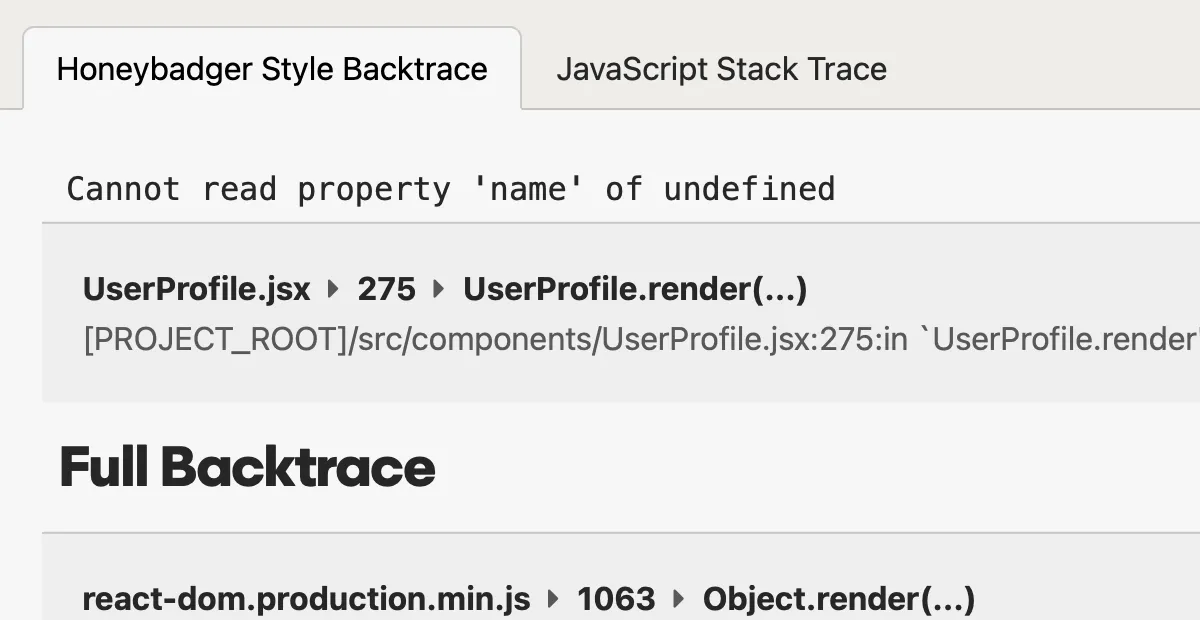 A screenshot of a JavaScript error tracking stack trace in Honeybadger's JavaScript error tracking interface.