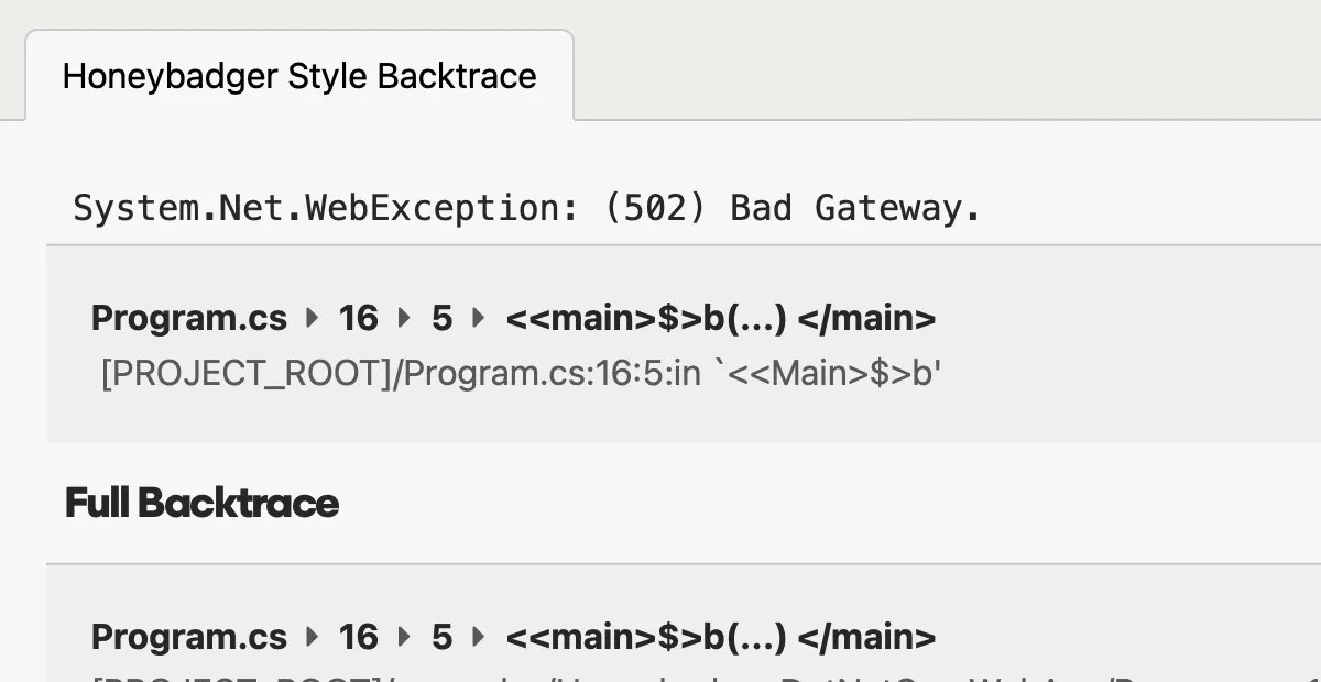 A screenshot of a .NET error tracking stack trace in Honeybadger's .NET error tracking interface.