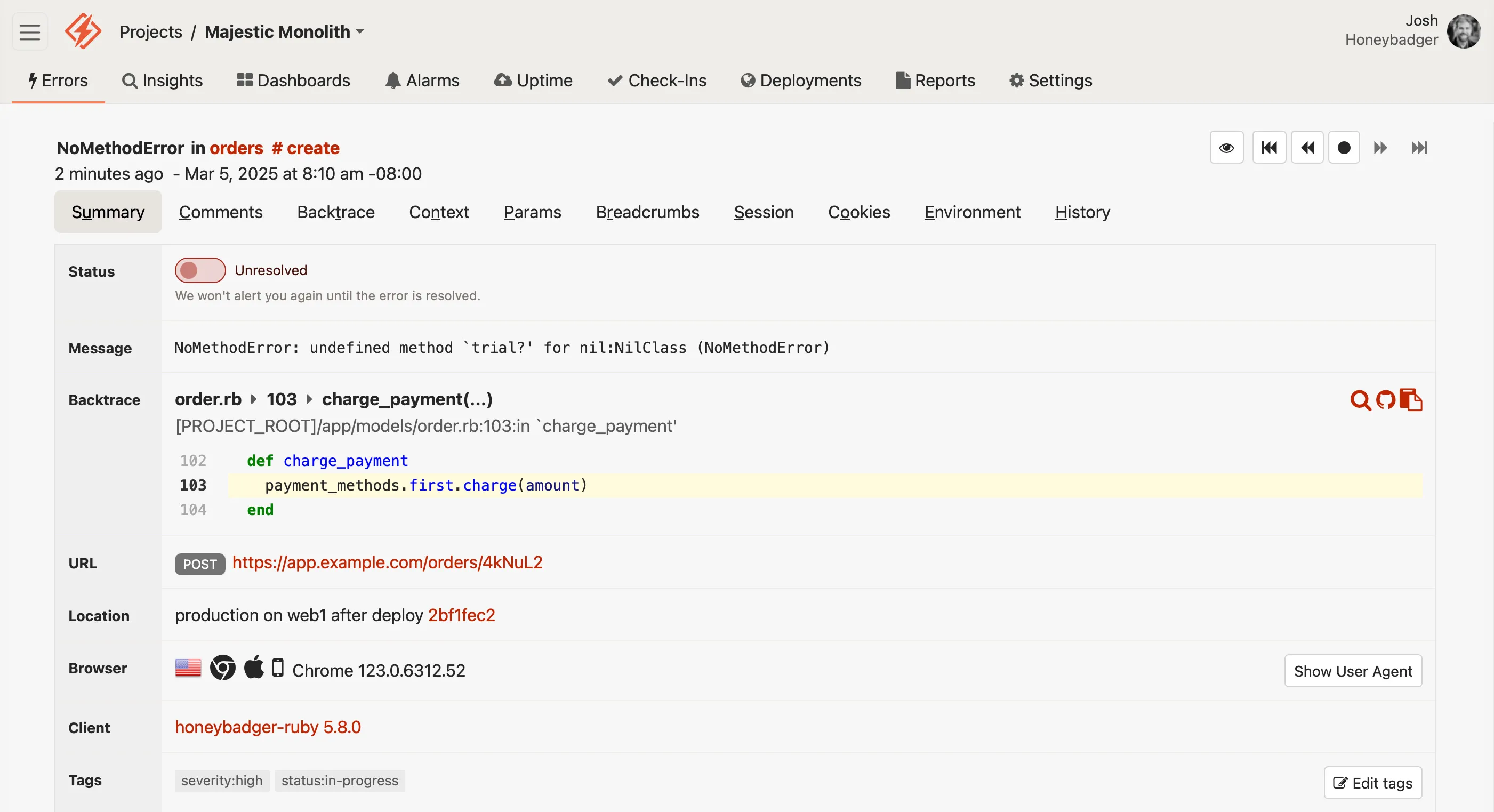 Error detail page showing a NoMethodError for undefined method 'trial7' on nil:NilClass in order.rb, with code backtrace, request URL, deployment location, browser details, and client version.