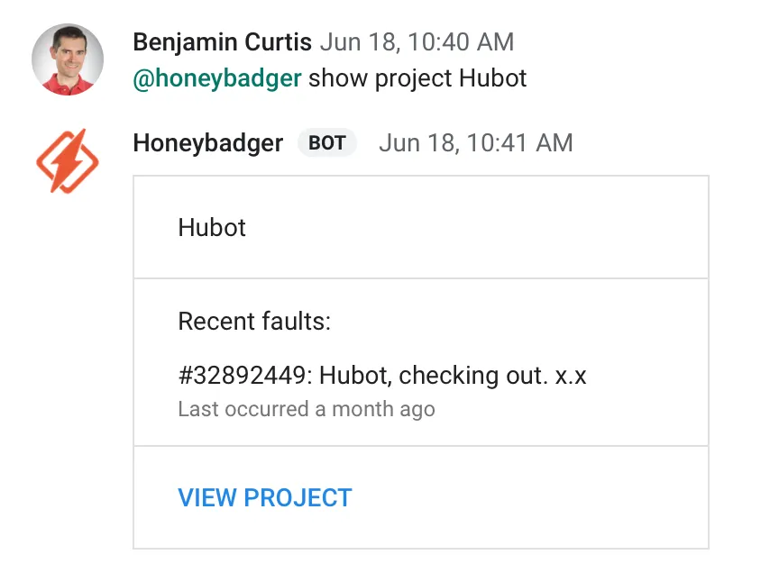 Honeybadger bot showing project errors in Google Chat