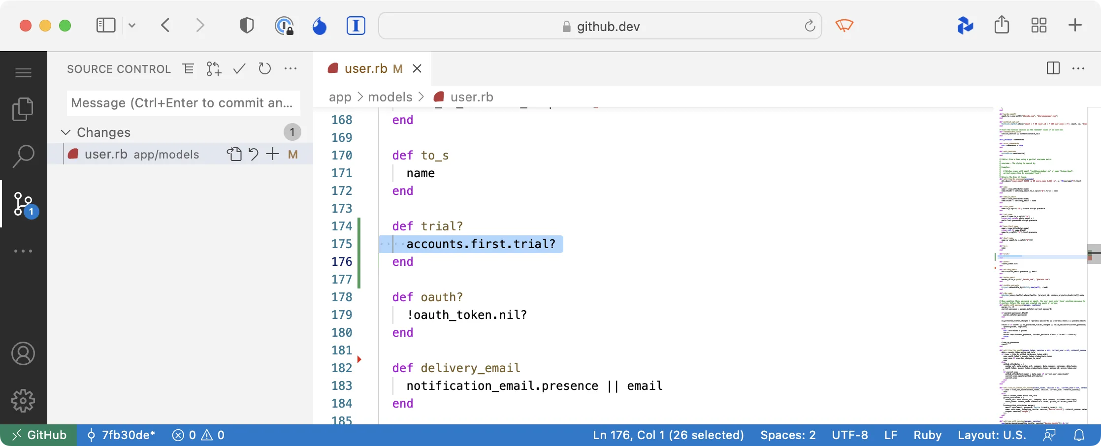 GitHub.dev editor showing code fix