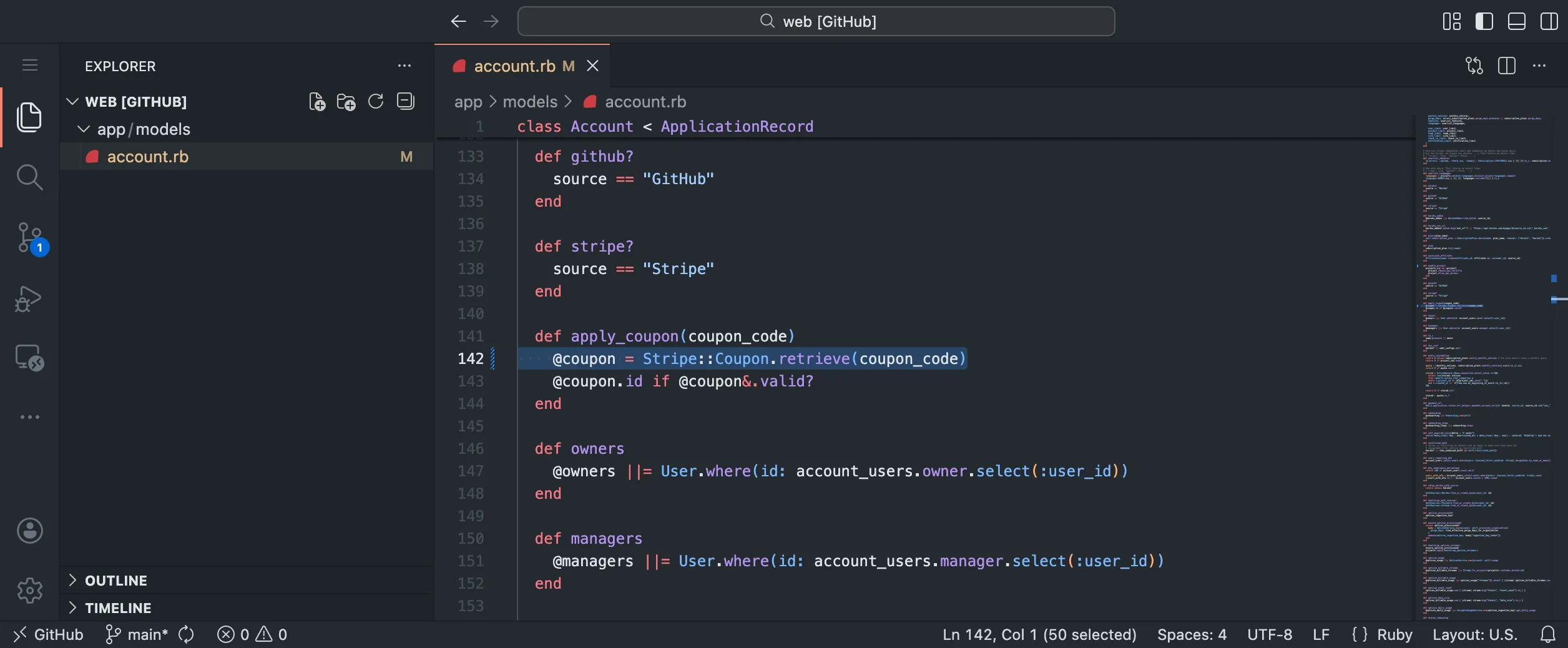 GitHub.dev editor showing the code from Honeybadger's backtrace