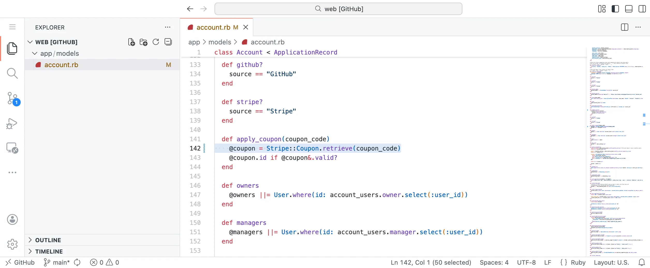 GitHub.dev editor showing the code from Honeybadger's backtrace