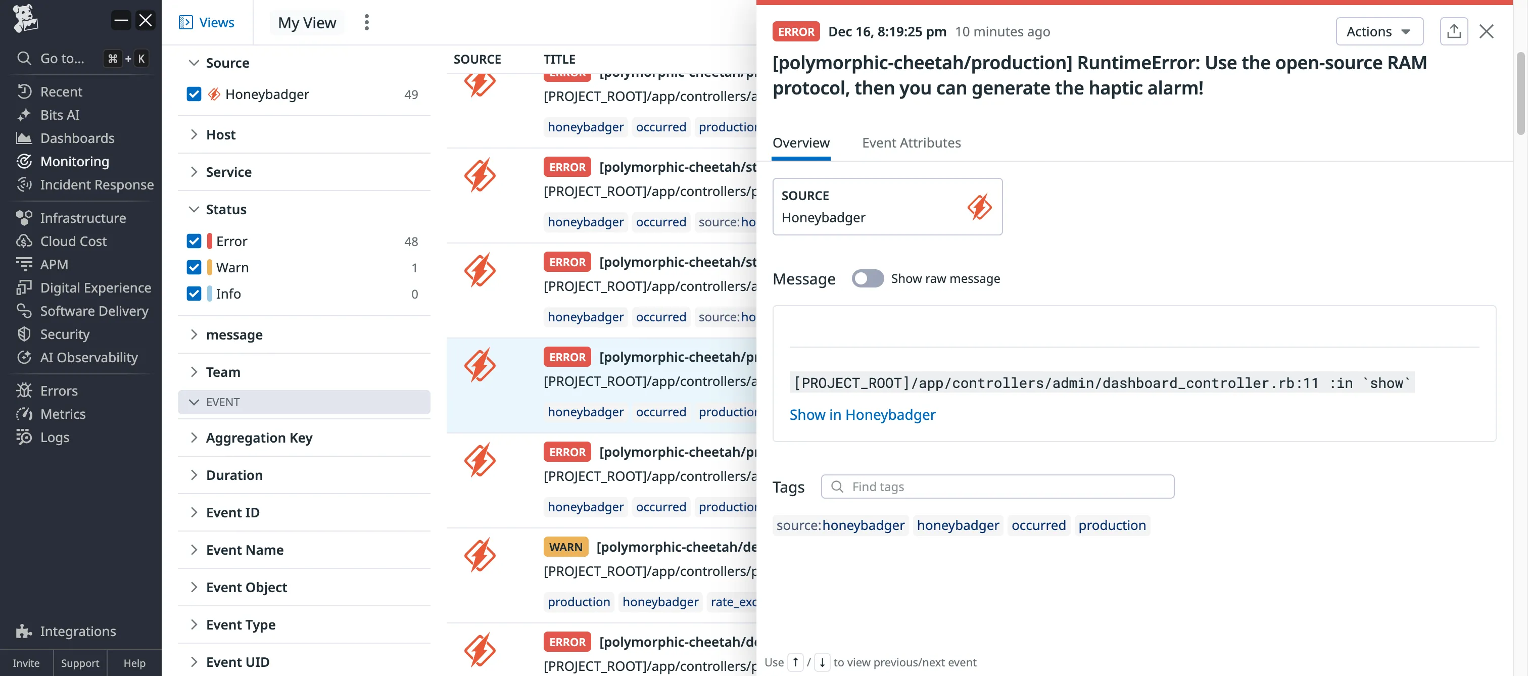 Datadog's observability platform interface displaying Honeybadger-sourced errors. Left sidebar shows filters with 49 Honeybadger events (48 errors, 1 warning). Center lists ERROR events from polymorphic-cheetah project. Right panel shows RuntimeError details from dashboard_controller.rb:11 with "Show in Honeybadger" link and production tags.