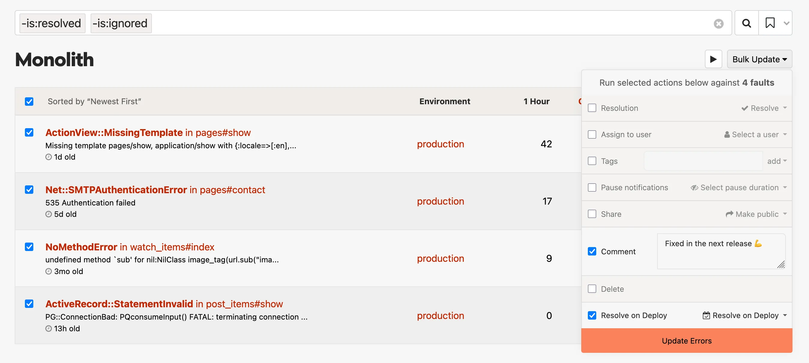 Honeybadger error tracking dashboard for "Monolith" project showing 4 selected faults in production: ActionView::MissingTemplate, Net::SMTPAuthenticationError, NoMethodError, and ActiveRecord::StatementInvalid. Bulk Update dropdown panel open with options for resolution, assignment, tags, notifications, and resolve on deploy.