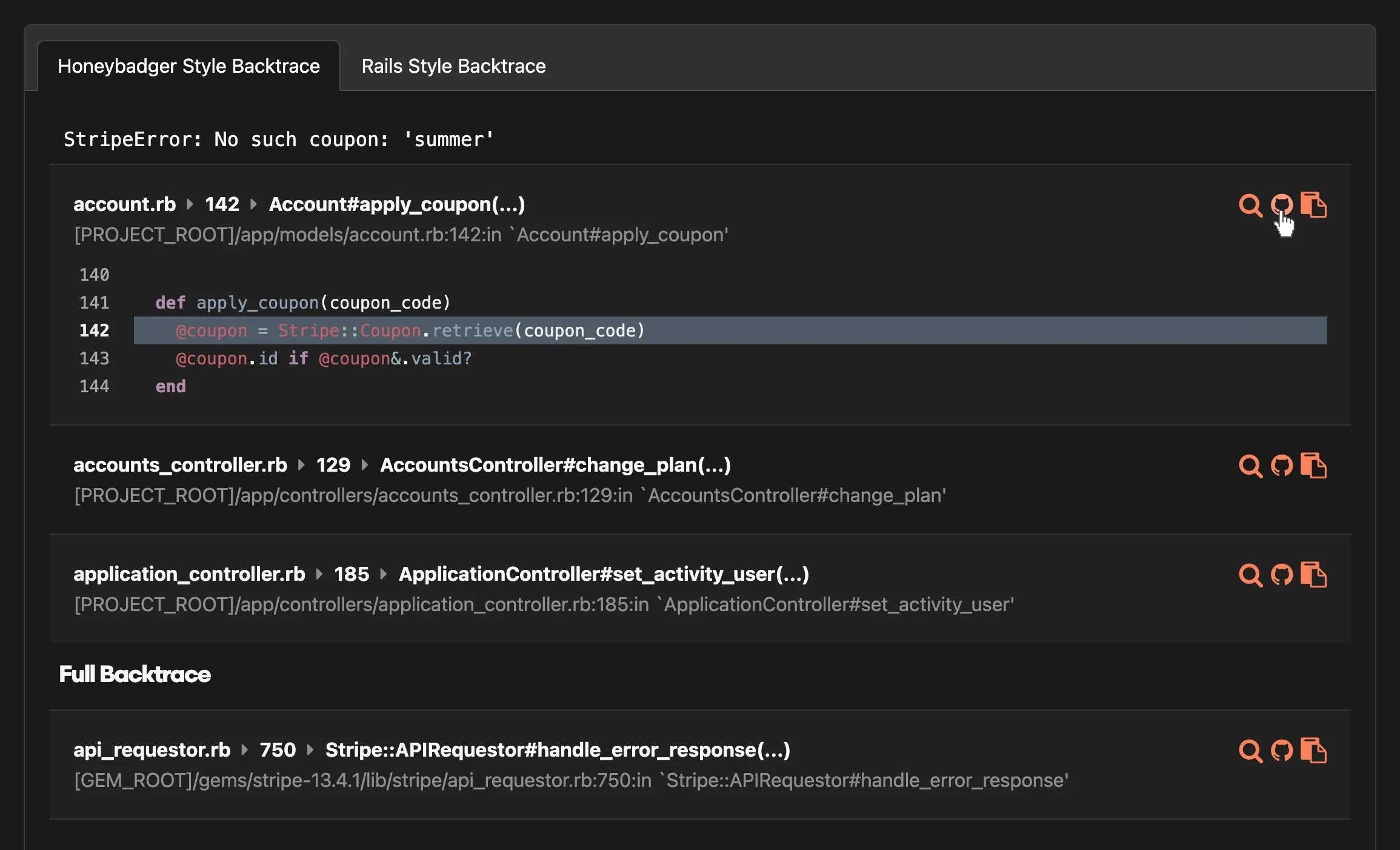 Honeybadger backtrace with links to GitHub source code