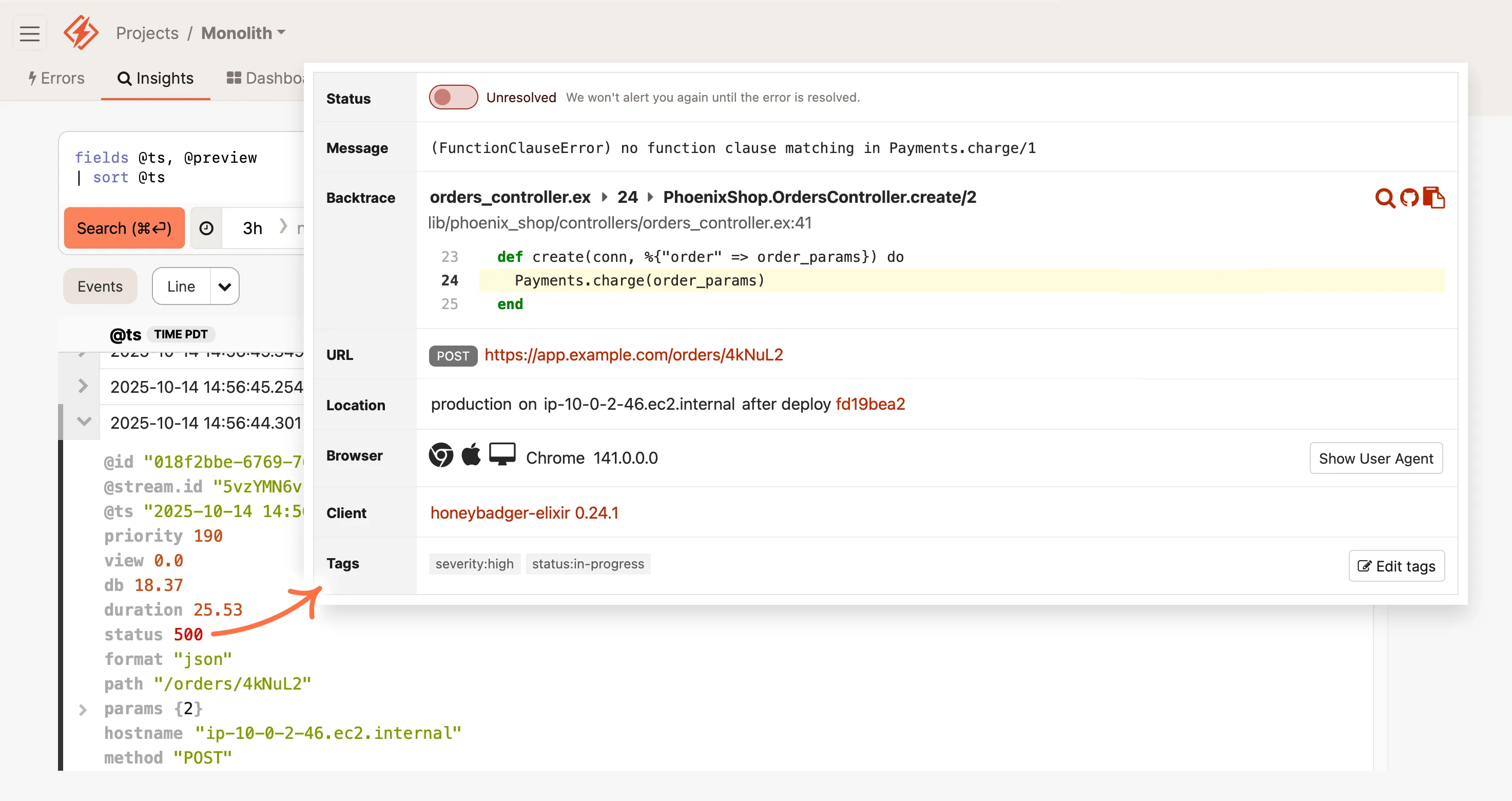 Screenshot of a Elixir error monitoring dashboard showing error details, code context, and application logs in Honeybadger.