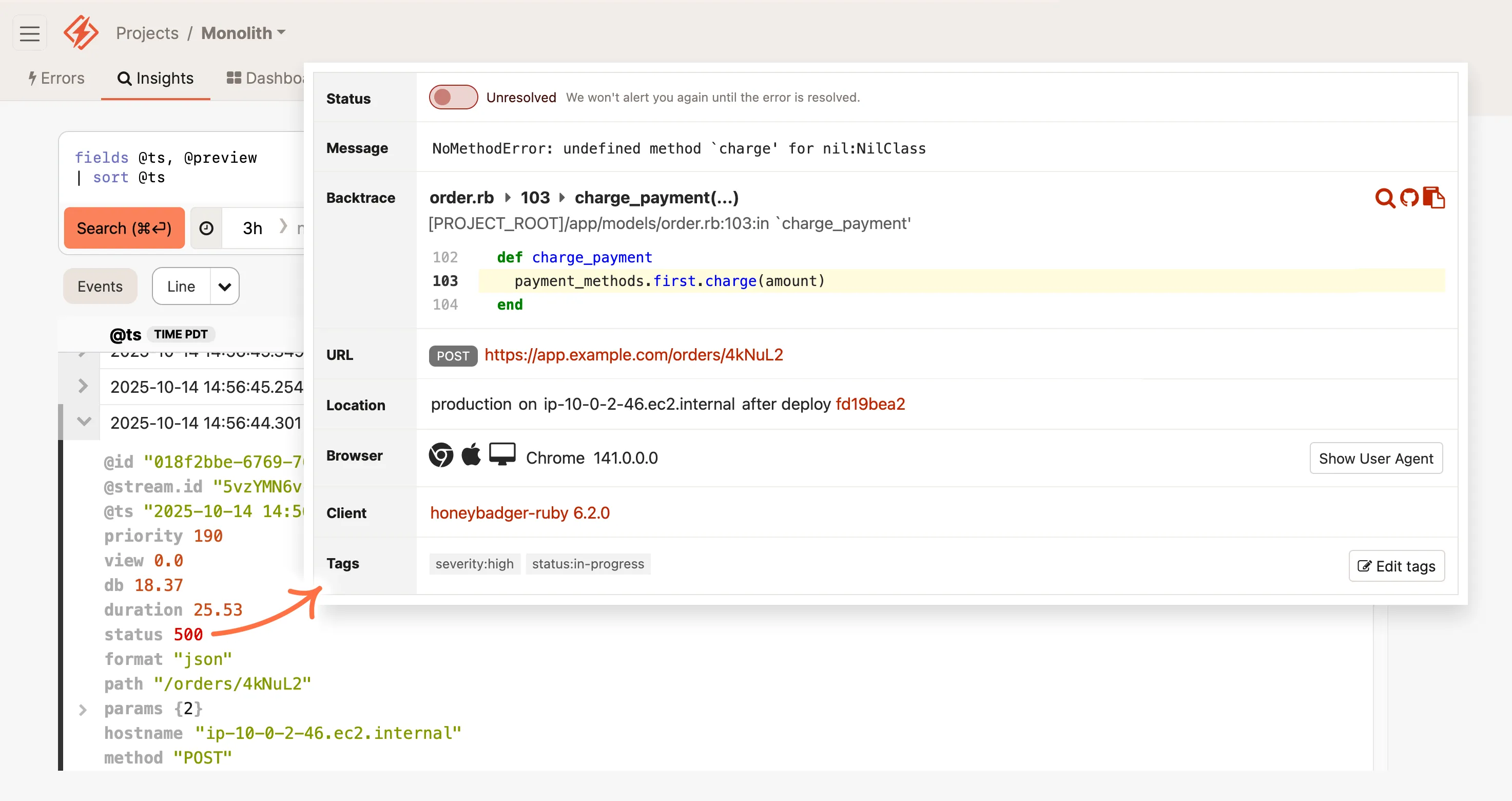 Screenshot of an error monitoring dashboard with an unresolved NoMethodError in 'charge_payment' method from a Ruby on Rails application, showing a code snippet, error details, and metadata like URL and browser version. An arrow points from structured application logs to the error details in Honeybadger.