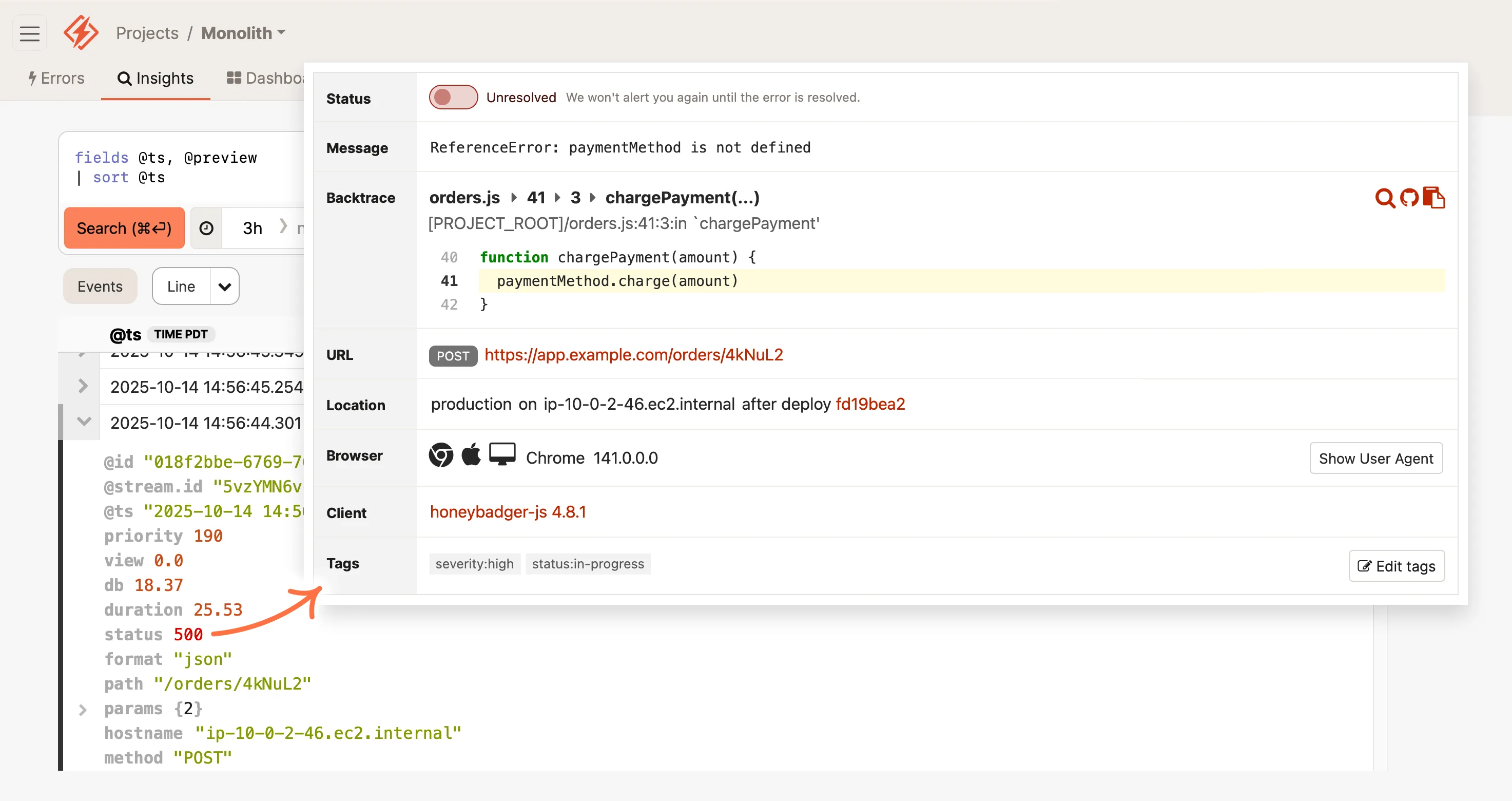 Screenshot of an error monitoring dashboard with an unresolved NoMethodError in 'charge_payment' method from a Ruby on Rails application, showing a code snippet, error details, and metadata like URL and browser version. An arrow points from structured application logs to the error details in Honeybadger.
