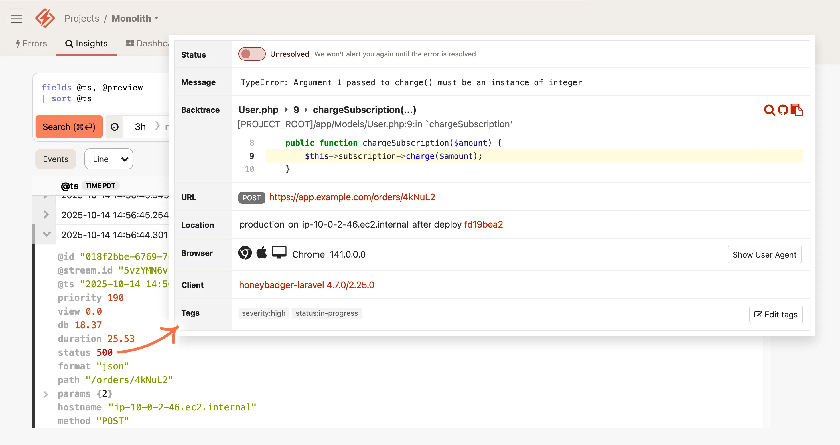 Screenshot of a Laravel error monitoring dashboard showing error details, code context, and application logs in Honeybadger.