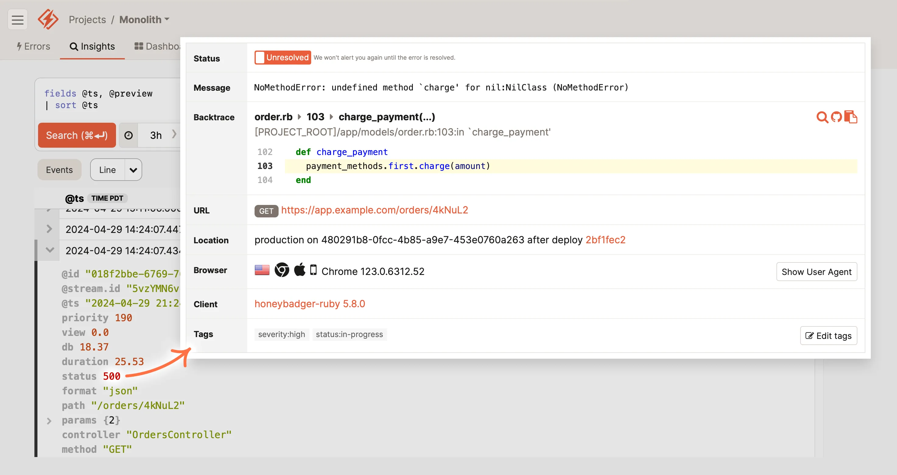 Screenshot of an error monitoring dashboard with an unresolved NoMethodError for undefined method 'charge_payment' on nil:NilClass in order.rb, showing code snippet, error details, and metadata like URL and browser version. An arrow points from structured application logs to the error tracking details in Honeybadger.