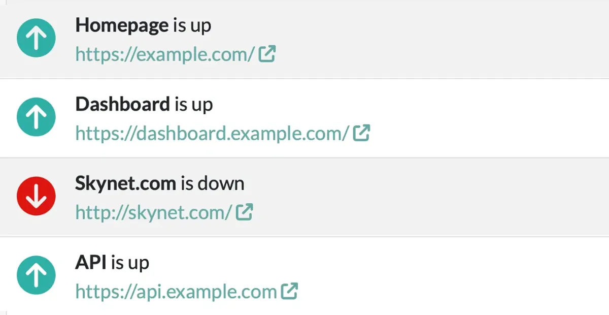 A screenshot of a list of uptime checks in Honeybadger's uptime monitoring interface.
