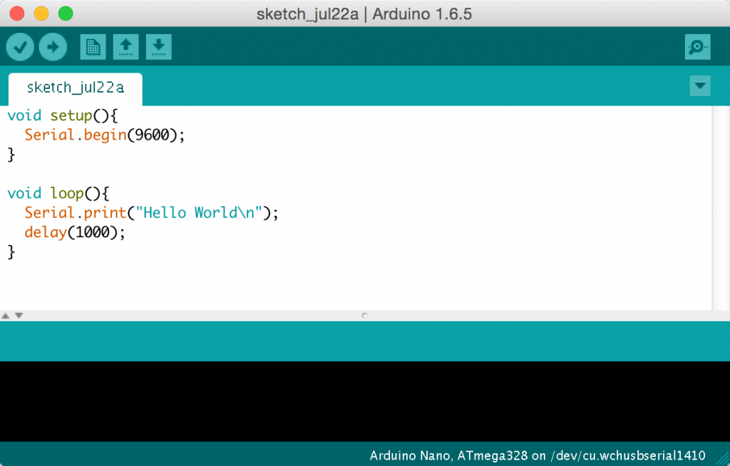 This arduino program just writes "hello world" to serial, again and again