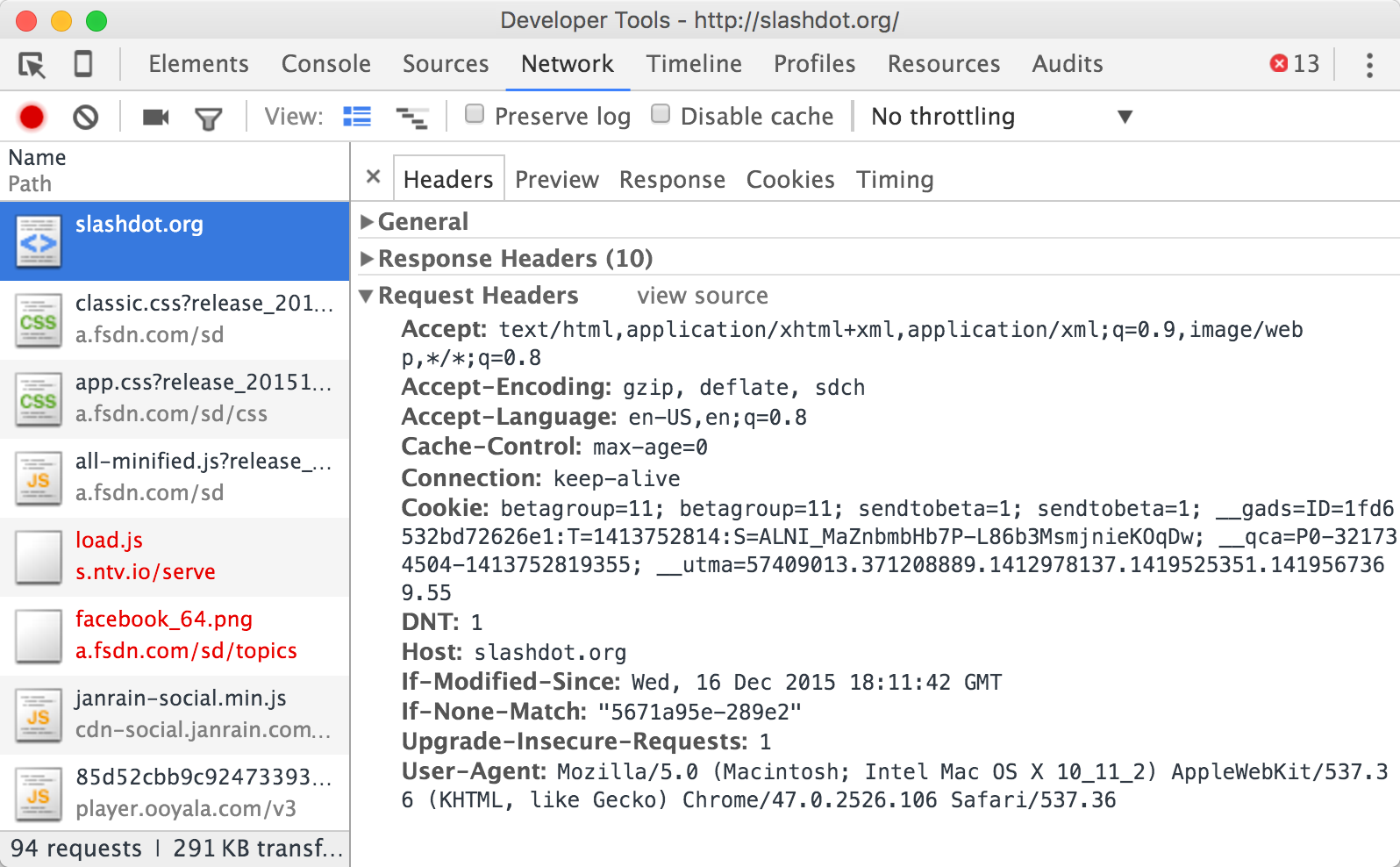 Chrome developer tools network inspector