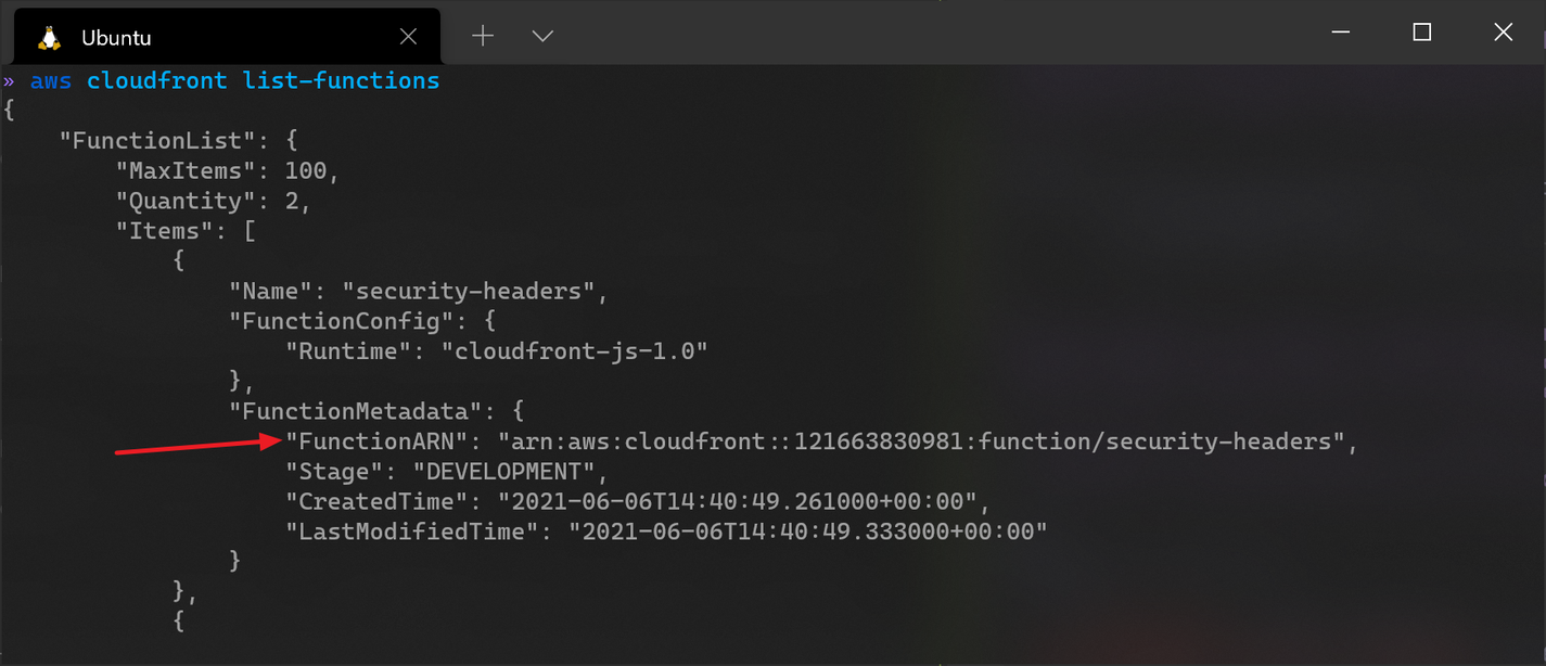 FunctionARN in AWS CLI output