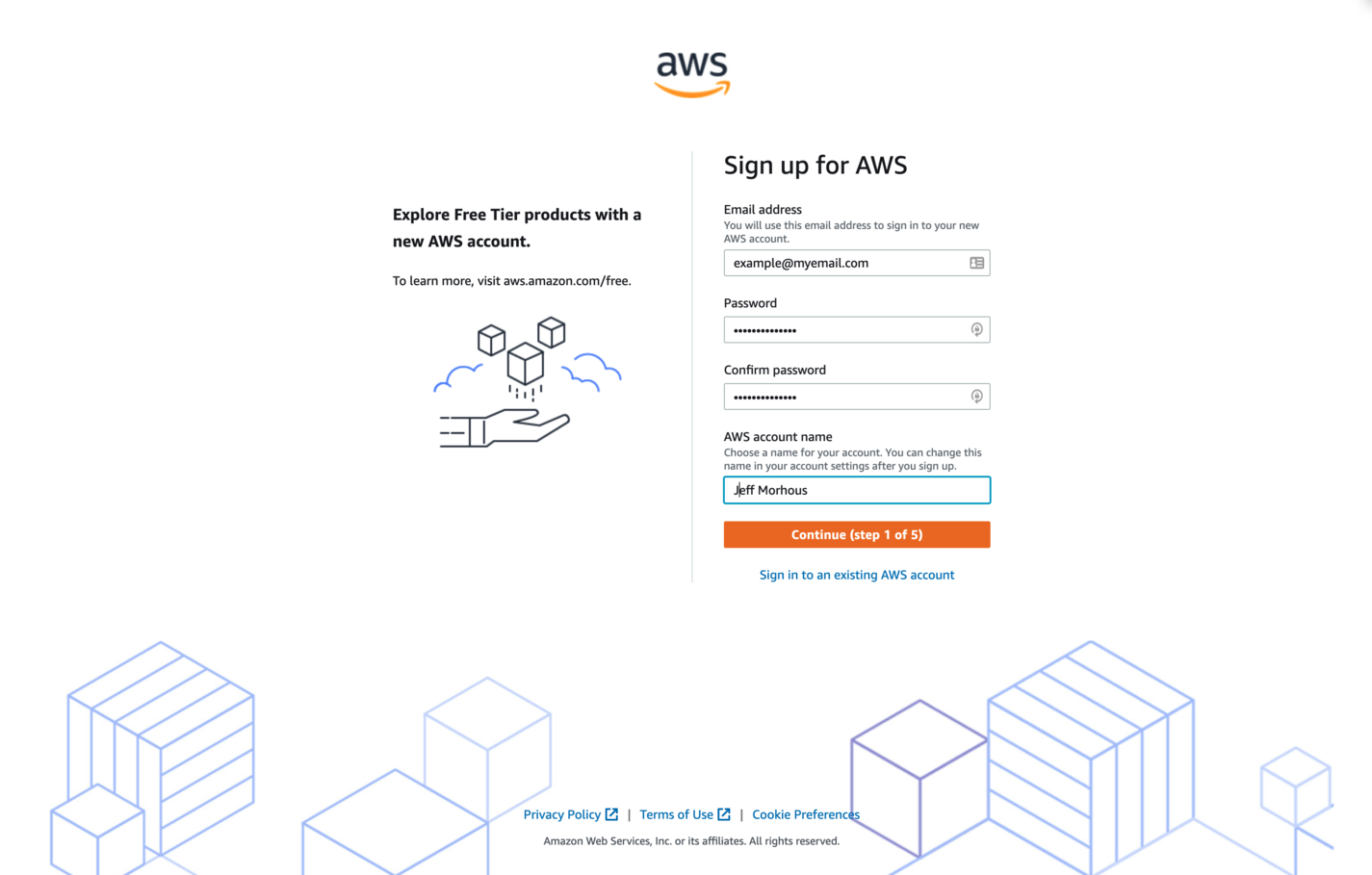 A screenshot of the AWS account sign up page