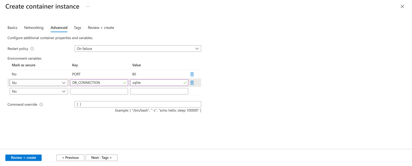 "Azure container instances configuration"