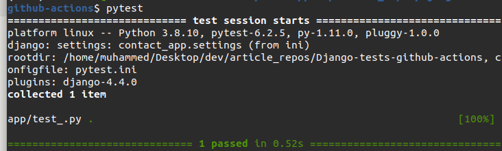 Console output showing 1 passed test result.