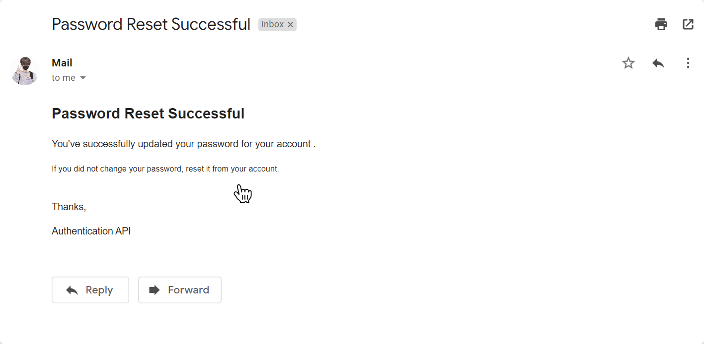 password reset success message in the inbox