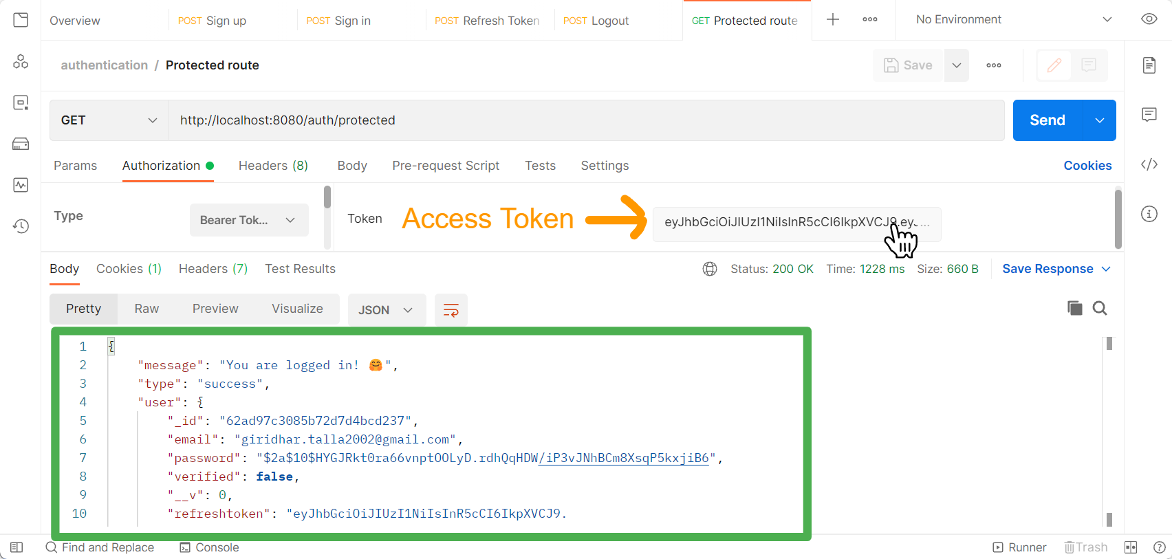 sending request to protected route using access token
