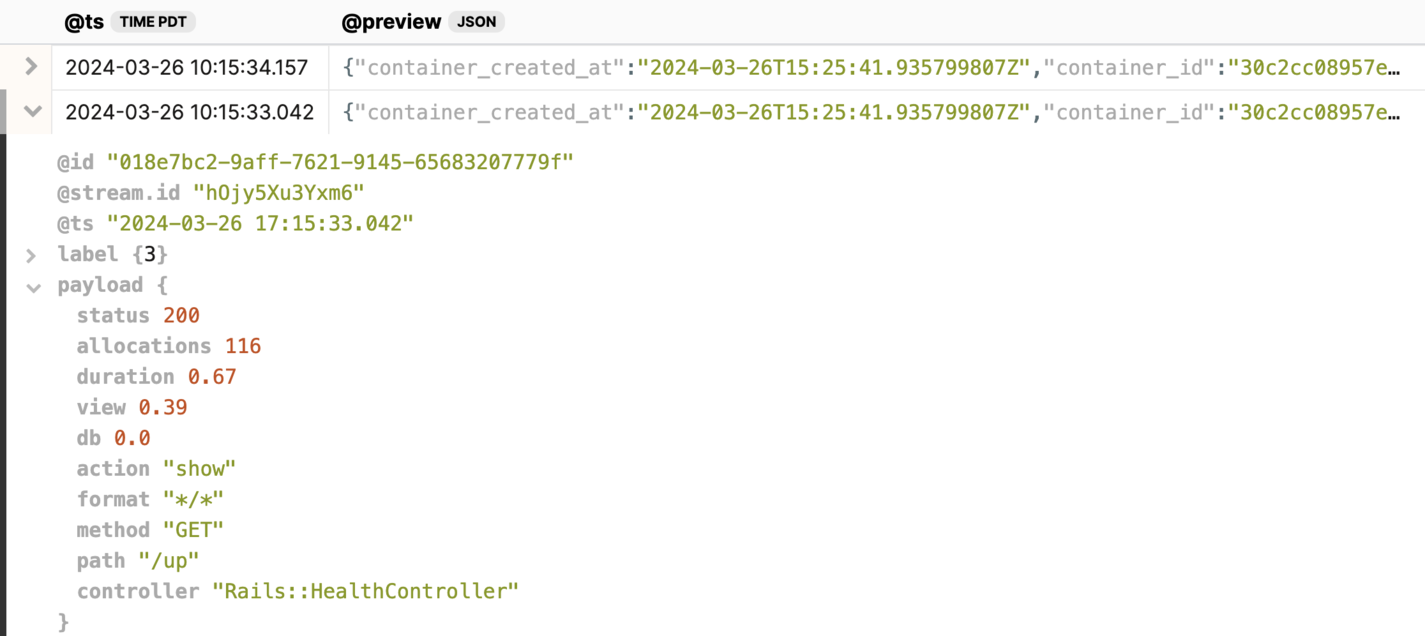 A screenshot of Rails application log events from Kamal in Honeybadger Insights