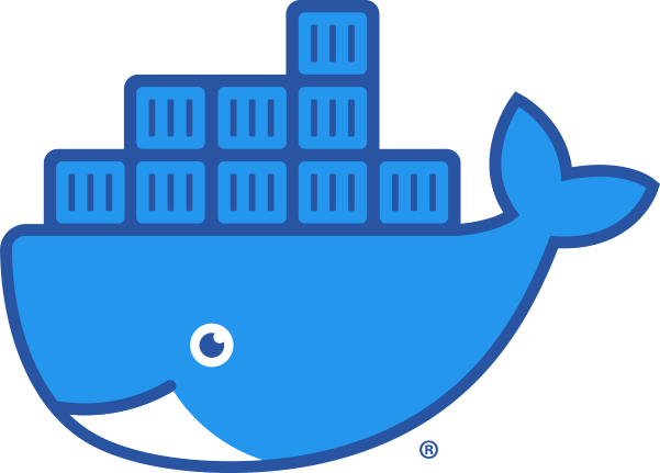 Docker logo with whale and shipping containers