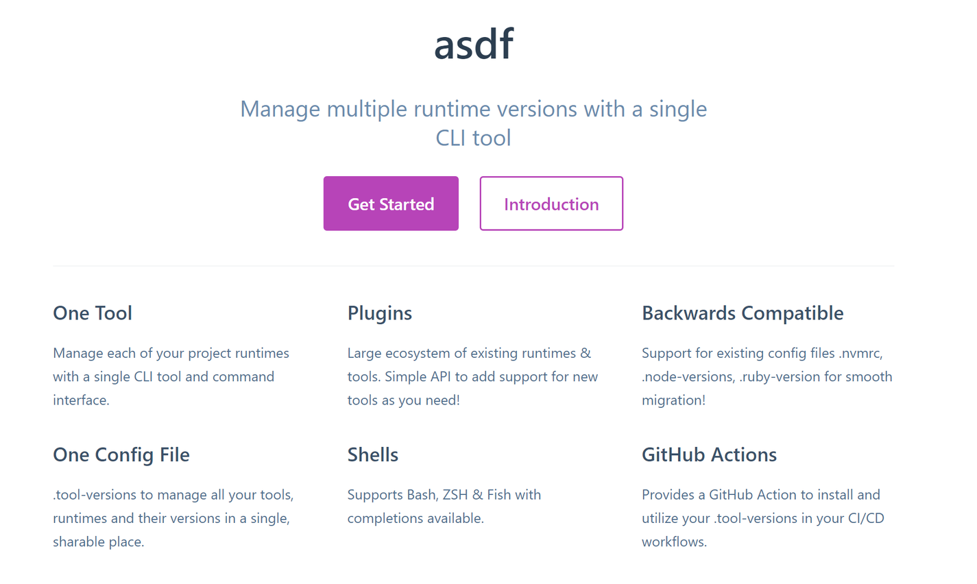 Screenshot of Asdf homepage