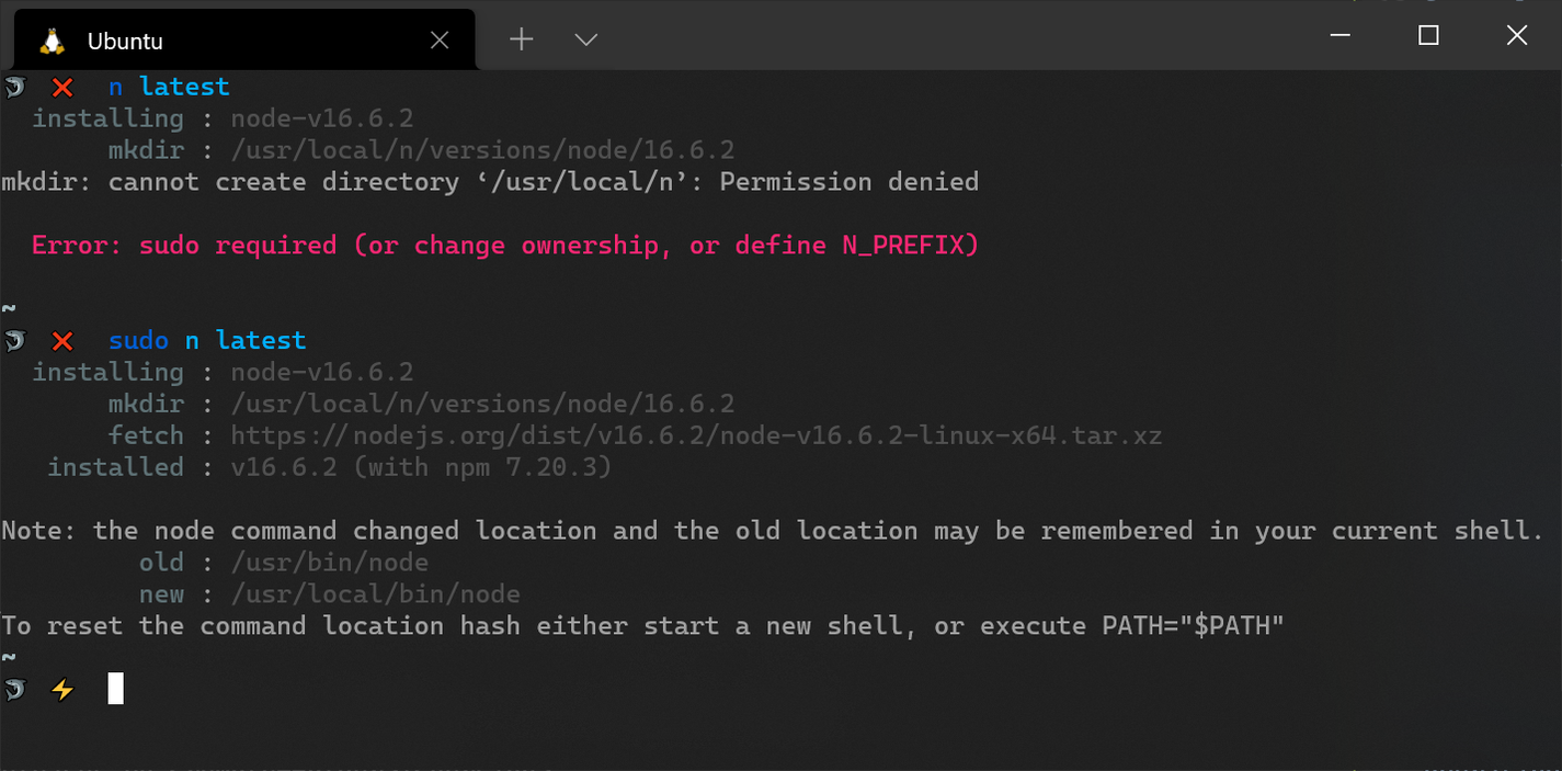 Terminal showing sudo requirement for using n