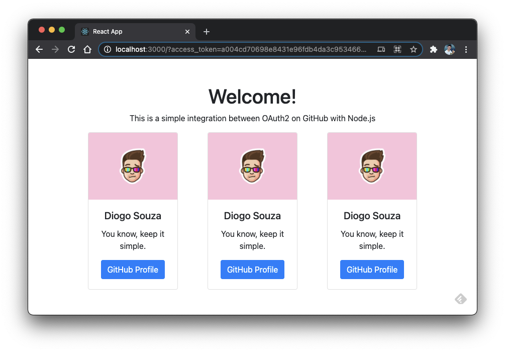 Welcome page with GitHub user information