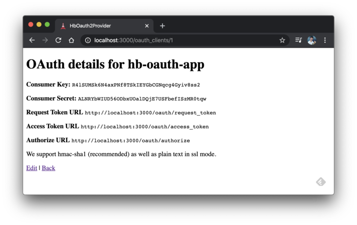 OAuth details page.