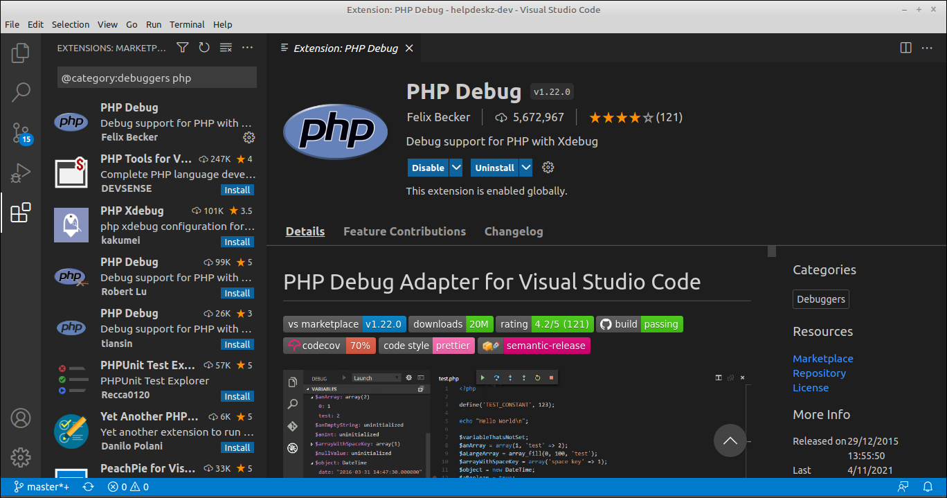 PHP Debug configuration screen