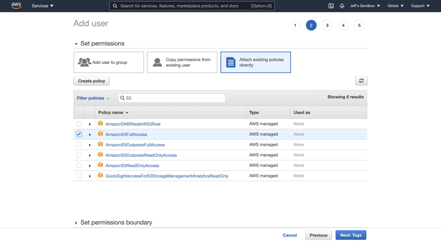 A screenshot of AWS IAM User Management Permissions