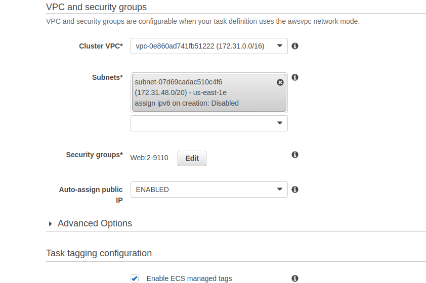 Task dashboard - vpc and security settings