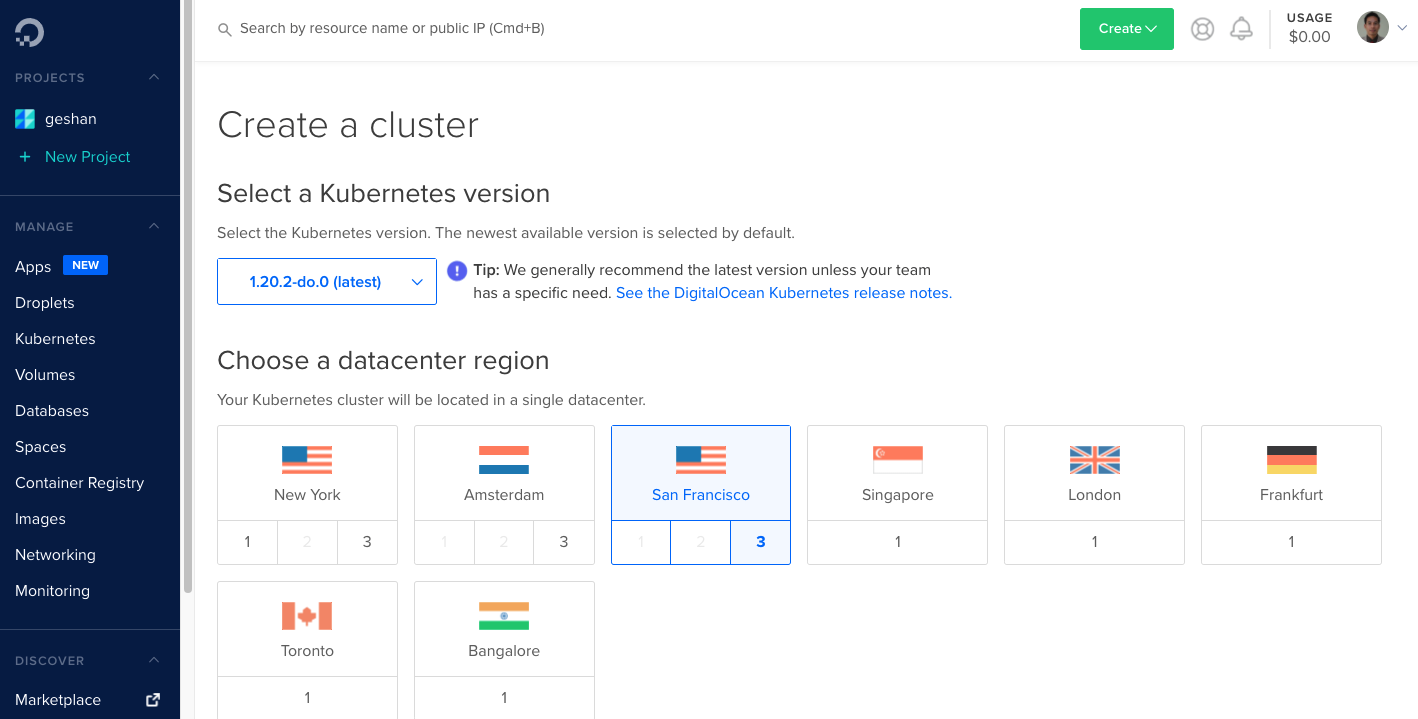 Choose a data center for the Kubernetes cluster