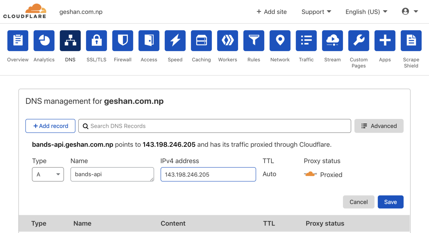 Add subdomain A name DNS record on Cloudflare