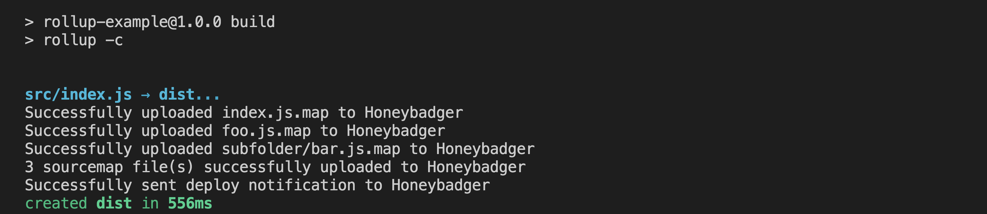 Terminal output: Successfully uploaded foo.js.map to Honeybadger