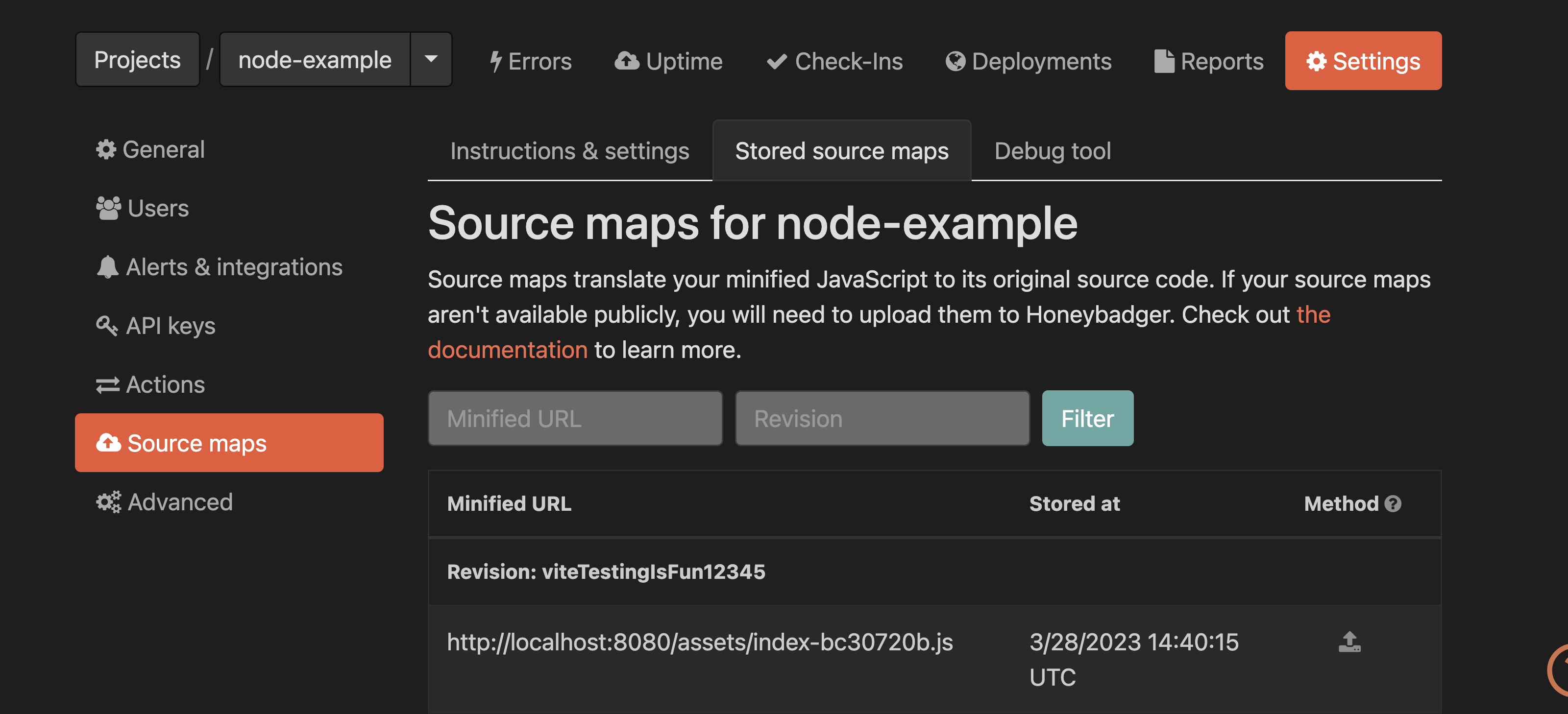 Honeybadger app: Stored source maps page