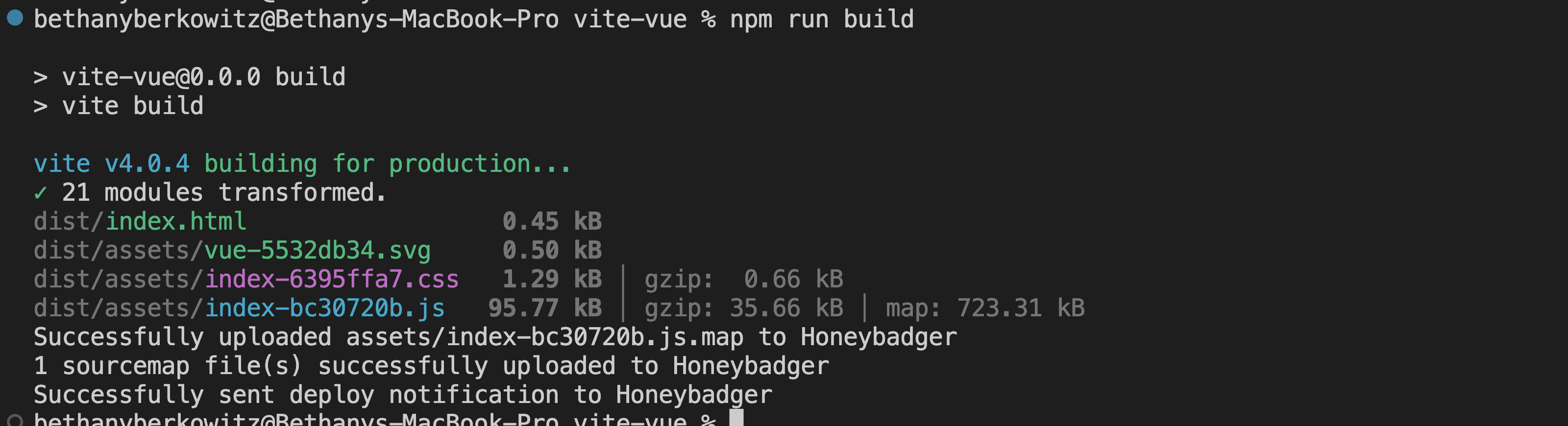 Terminal output: Successfully uploaded assets/index-bc30720b.js.map to Honeybadger