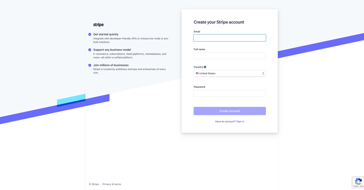 A screenshot of the Stripe sign-up page